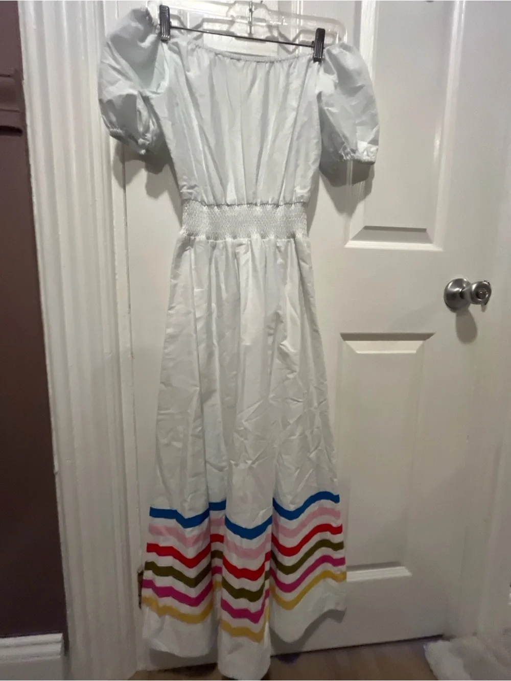 BODEN White Cotton Dress Colorful Stripes Puff Sleeve Size 4 - Picture 6 of 6